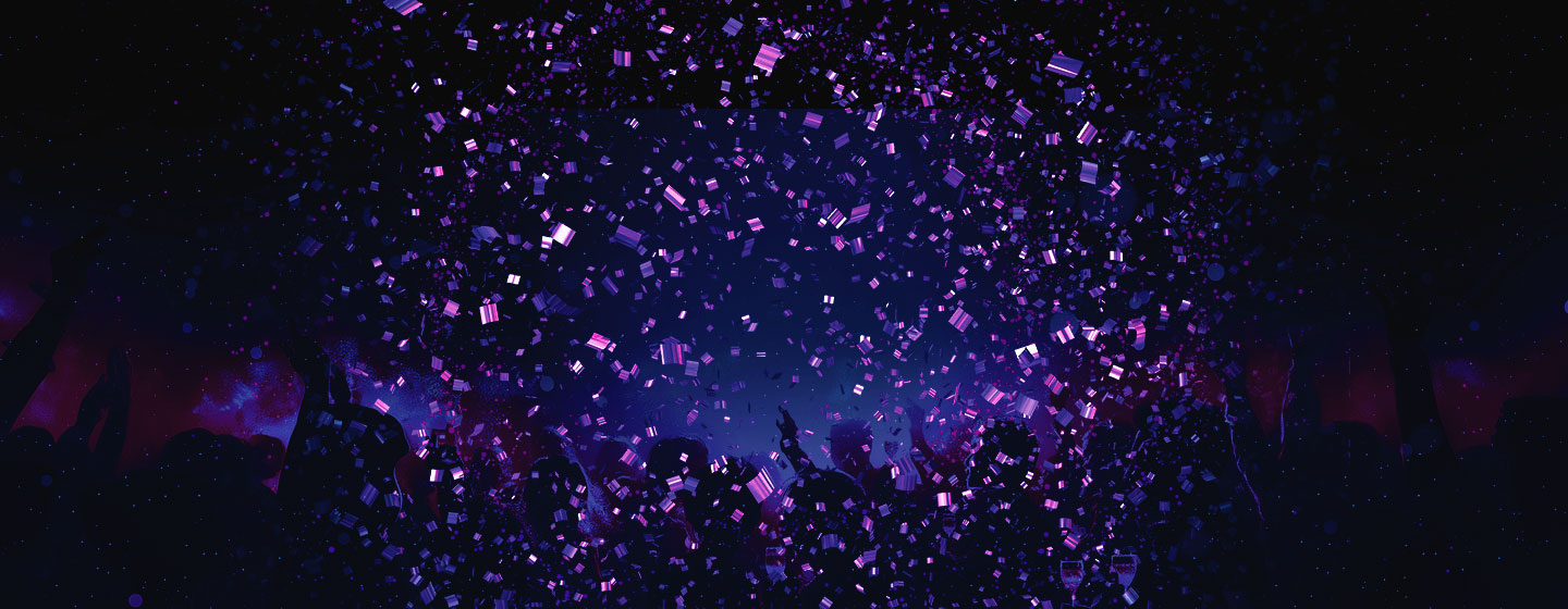 Purple and pink glitter confetti on a black background graphic.